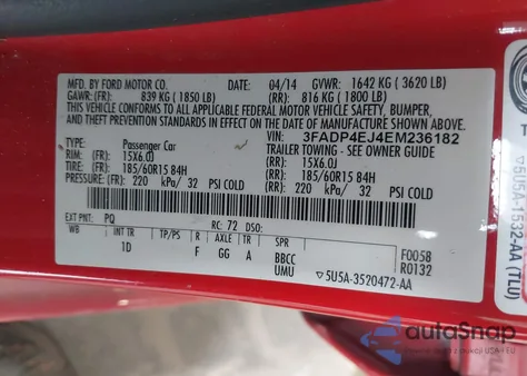 2014 Ford Fiesta Se из США, поврежденный, VIN 3FADP4EJ4EM236182